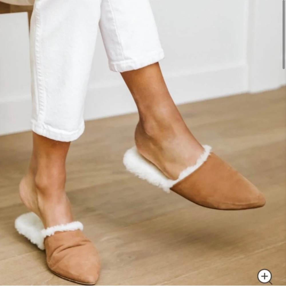 Jenni Kayne Shearling Lined Mules Walnut Brown Pointed Toe Sherpa Slides 37